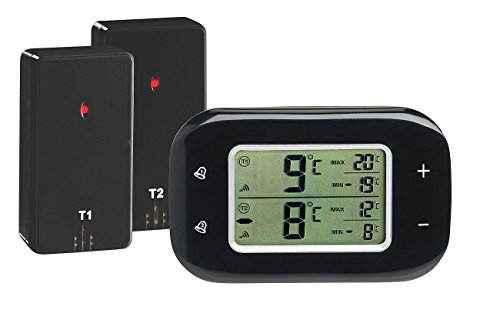 Rosenstein & Söhne Kühlschrankthermometer: Digitales Kühl- & Gefrierschrank-Thermometer, 2 Funk-Sensoren, schwarz (Kühlschrank Thermometer Funk, Thermometer Gefriertruhe, Außenthermometer)