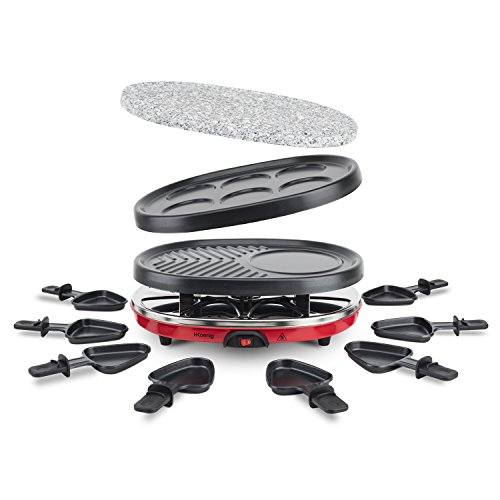 H.Koenig RP412 Raclette-Gerät 4 in 1 / 8 Personen / Raclette, Natursteingrill, Crepe-Platte und Grillplatte / mit 8 Pfännchen / 900 W / schwarz/rot