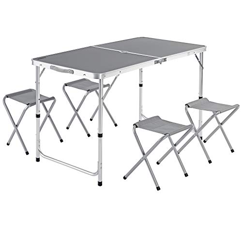 CASARIA® Klapptisch Wetterfest Höhenverstellbar Campingtisch mit Stühlen Gartentisch Falttisch 120x60cm Klappbar leicht transportabel 4 Personen Grau