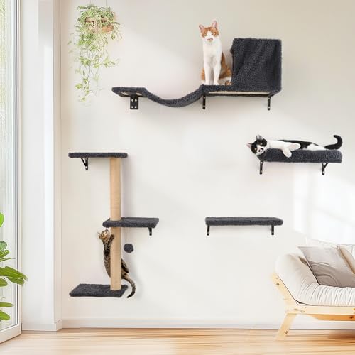 FUKUMARU Kletterwand Katzen, Katzen wandelemente, Kletterwand Set 10-teilig, mit Hängebrücke mit Rutschfestem, Stabiler Kratzsäulen mit Jute, Ruhe und Hängematte, bis 18 kg, Grau