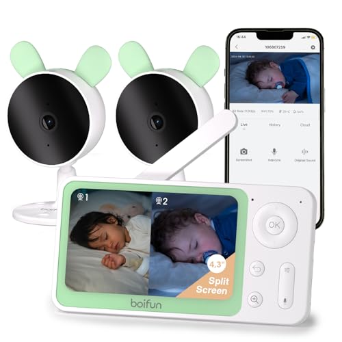 BOIFUN Babyphone mit 2 Kameras WLAN und App,Split-Screen-Ansicht,Bewegungs/Geräuscherkennung,VOX Modus,1080P HD,4×Zoom,4,3 Zoll LCD-Display Babyfon,Fütterungserinnerungen,Zonenalarme,Wiegenlied