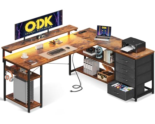 ODK Schreibtisch mit Schubladen, Reversible Eckschreibtisch mit 2 Steckdosen und 2 USB Ladeanschluss, Bürotisch L Form mit LED für Home Office 155×110cm (Vintage-braun)