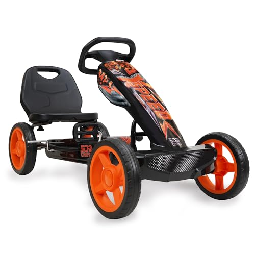 509 Crew XSpeed ​​Pedal Go-Kart – orange, Tretauto, sportliche Grafik auf der Frontverkleidung, verstellbarer Sitz, 4-Speichen-Felgen 25 cm 10' EVA-Rädern, sportliches Lenkrad, Handbremse, ab 4 Jahren