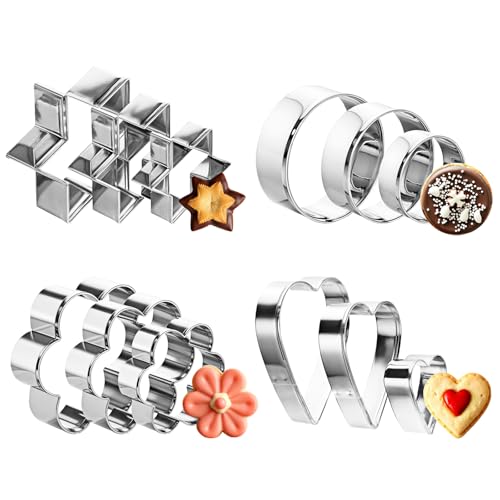 12 Stücke Ausstechformen Set,Edelstahl Keksausstecher,Rund Herz Stern Blüten Plätzchenausstecher,Verschiedene Größen Ausstecher zum Backen,für Weihnachten DIY Backform