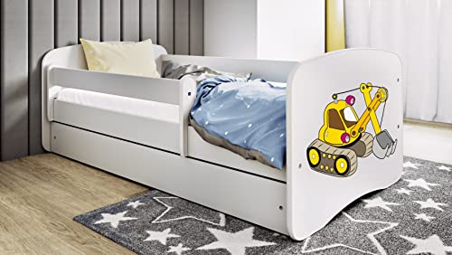 Kinderbett Jugendbett 70x140 80x160 80x180 cm Weiß mit Rausfallschutz Schublade und Lattenrost Kinderbetten für Mädchen und Junge - Bagger 160 cm