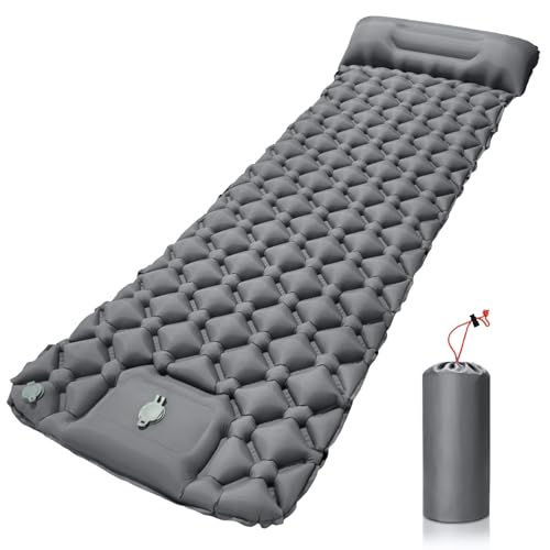 JUQG Isomatte Selbstaufblasend, wasserdichte Aufblasbare Schlafmatte mit Fußpumpe und Kissen, Ultraleicht und Tragbar, Geeignet für Camping, Wandern, Angeln, Reisen und Outdoor - Grau