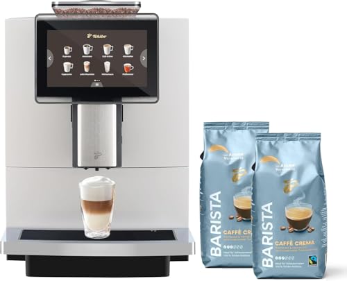 Tchibo Office Kaffeevollautomat INKLUSIVE 2kg Barista Caffè Crema GRATIS, Keramikmahlwerk, Farb-Touchdisplay, 1500 Watt, cremige Milchschaumfunktion, 2l Wassertank, 30 Tassen am Tag, Weiß