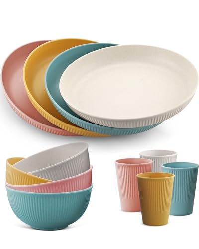 HOMGEN Geschirr Set 12-teiliges Campingbesteck Kunststoff Küchenbesteck Unzerbrechliches Plastikgeschirr mit Teller Schalen Tassen für 4 Personen Camping Picknick Outdoor Grill