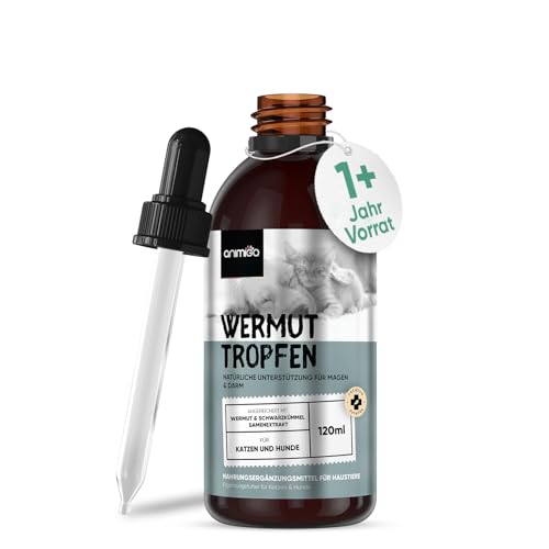 animigo Wurmkur Katzen & Hunde - 120ml Tropfen - 1+ Jahr Vorrat - Entwurmungsmittel mit Wermut - Alternative zu Tabletten - Wurmmittel für Magen & Darmgesundheit - Natürlichen Zutaten