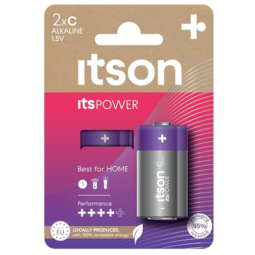 ITSON, Batterien C, 2 Stück, 1.5V, Alkaline Batterien, für Uhren, Taschenlampen, Fernbedienungen, umweltfreundliche Verpackung 95% recycelt