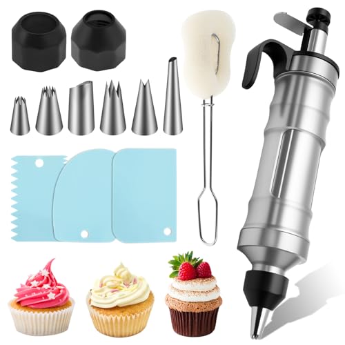 VAVPUP 13 Stück Tortenspritze Garnierspritze Set aus Edelstahl mit 6 Tüllen und 3 Cremeschabern,Torten Zubehör Komplettes Kuchen Dekorieren Set,Wiederverwendbares Kuchenspritze für Kekse,Cupcakes