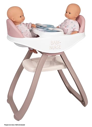 Smoby - Baby Nurse Zwillingspuppen-Hochstuhl – Puppenstuhl für Zwillinge mit Teller und Löffel, Puppen-Zubehör für Puppen bis 42 cm, für Kinder ab 2 Jahren
