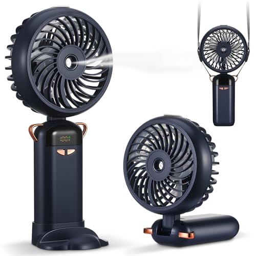 Kssvzz Handventilator mit Wasserkühlung, Tragbarer Mini Ventilator mit LCD Display & 5 Stufen, USB Ventilator Wiederaufladbar, Faltbarer Ventilator Klein für Reisen Büro Zuhause (Blau)