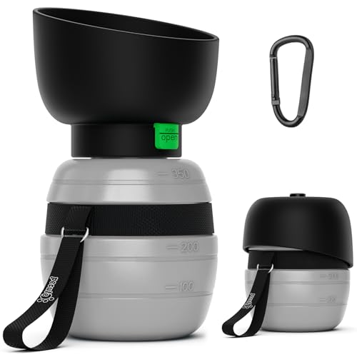 pecute Trinkflasche Hunde für Unterwegs, Hundetrinkflasche Silikon Wasserflasche Hund mit Faltbarer Wasserschale, Hunde Trinkflasche to Go, Haustier Trinknapf Tragbare Grau S 350 ml