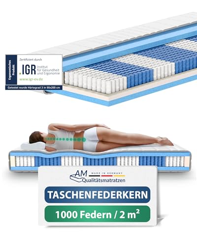 AM Qualitätsmatratzen 1000 Federn 7-Zonen Taschenfederkernmatratze 100x200 cm - 24 cm Premiumhöhe - 1.000 Federn Matratze 100x200cm - H3