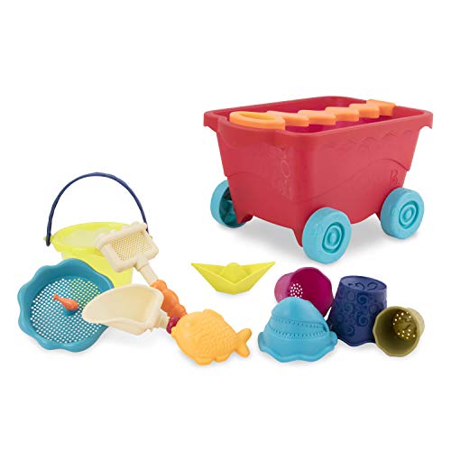 B. toys Sandspielzeug 11 Teile mit Bollerwagen Rot – Sandkasten Spielzeug, Strand, Spielplatz mit Eimer, Schaufel, Sandförmchen – Spielzeug ab 18 Monaten
