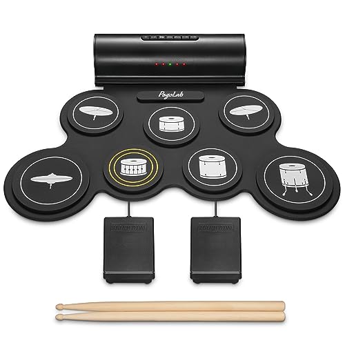 POGOLAB Aufrollen E-Drum Set, 7 digitale Drum Pad Schlagzeug Elektronisch, Drahtlose Funktion, mit zwei Stereo-Lautsprechern/Drumsticks/Kopfhörerschlitz, 10 Stunden Laufzeit, für Anfänger