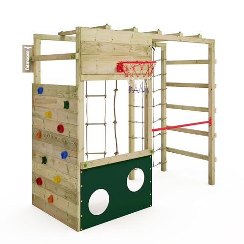 Fatmoose Klettergerüst Spielturm CleverClimber Club XXL, Outdoor Kinder Kletterturm mit Reckstange, Kletternetz, Basketballkorb, Kletterseil & Kletterwand für den Garten - grün