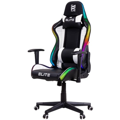 ELITE LED Gaming Stuhl MG200 Destiny | Ergonomischer Bürostuhl - Schreibtischstuhl - Chefsessel - Sessel - Racing Gaming-Stuhl - Gamingstuhl - Drehstuhl - Chair - Kunstleder (RGB Schwarz/Weiß)