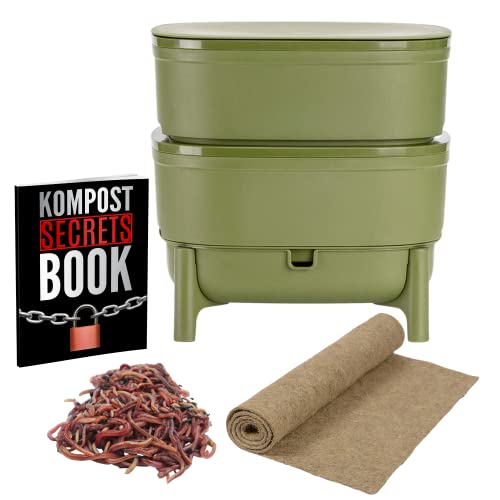 Wurmkomposter kaufen, Klein & Indoor, Wurmkiste für Balkon & Garten, Starterset + Zubehör (Mit Würmer, Grün)