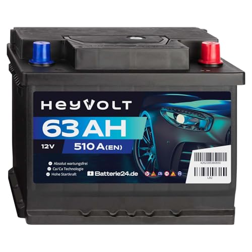 HeyVolt Autobatterie 12V 63Ah 510A Hochleistungs-Blei-Säure-Batterie, Langlebig, Kompatibel mit PKW