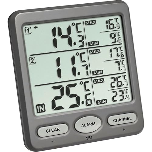 TFA Dostmann Trio Funk-Thermometer, mit 2 Sendern, wasserdichter Kabelsensor, ideal für Kühlgeräte/Aquarium/Pool, L 116 x B 24 (64) x H 126 mm