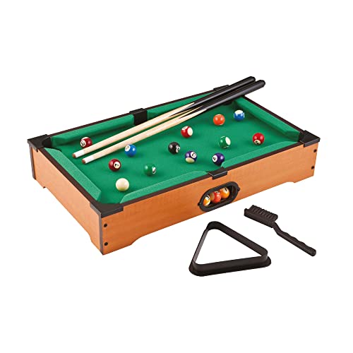 Sport1 Mini-Billardtisch zum Aufstellen von Billiardtischen, Maße 51 x 31 x 10 cm, mit 2 Queuen, nummerierten Bällen und Schnatz.