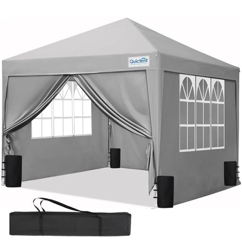 Quictent Pavillon 3x3 Faltpavillon mit 4 Seitenteilen, Wasserdicht Gartenpavillon mit 4 Sandsäcken,Partyzelt Gartenzelt für Fest und Flohmarkt Grau