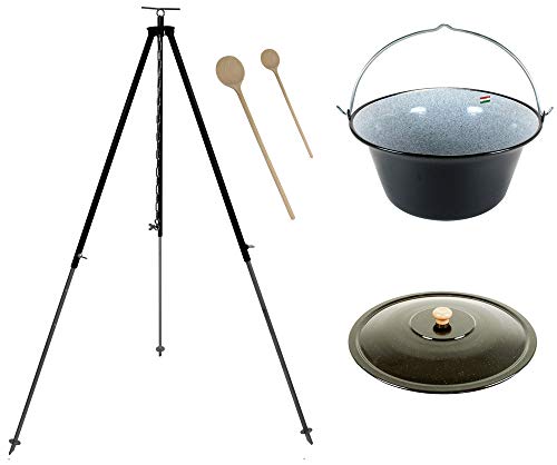 Grillplanet® Set 15 L Gulaschkessel mit Dreibein schwarz 1,80 m und Deckel (15 Liter original ungarischer Gulaschtopf Feuertopf Kesselgulasch Topf Feuerkessel Kochkessel Glühweinkessel Suppentopf Kessel)
