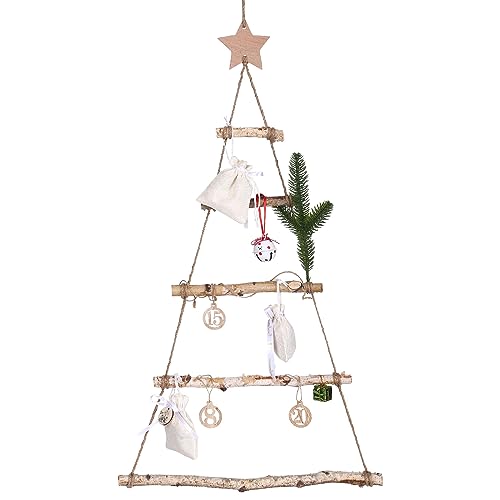 GWHOLE Holzleiter Tannenbaum Wand Deko Holz Weihnachtsbaum Weihnachtsdeko Wanddeko Hängedeko zum Dekorieren Strickleiter Zierschmuck zum Aufhängen, 40 x 70 cm mit Stern