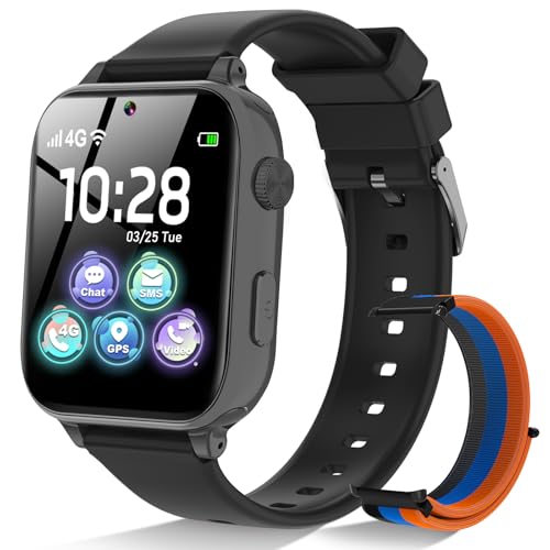 Smartwatch Kinder 4G - Smart Watch Uhr für Mädchen Jungen mit GPS, Telefon Anruf, Videoanrufen, Chat, SOS, Spiele, Schrittzähler, Wecker, Kinderuhr Telefonieren für Kids 4-12 Jahre Geschenk, Schwarz