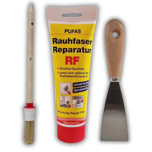 Pufas Rauhfaser Reparatur Spachtel Tube, 330 g Spachtelmasse mit Rauhfaserkörnung für Risse & Löcher Masse zum Ausbessern rauhfasertapezierter Wände, Reparatur Spachtel Rauhfaser flüssig in weiß