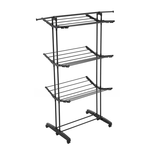 Meisterhome® Klappbarer Wäscheständer Wäscheturm Effizientes Trocknen mit 3 Ebenen, 2 Seitenflügeln - 18m Trockenleinenlänge - Platzsparend, vielseitig und mobil für drinnen und draußen – Schwarz