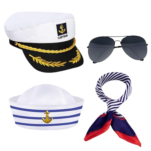 Kapitänsmütze Hut Kapitän Kostüm Set, Yacht Hut Seemanns Kostüm Zubehör mit Matrosenmütze Schal Kapitänsmütze und Sonnenbrille für Halloween Kostüm Erwachsene, Yacht, Boot, Schiff, Seemann, Marine