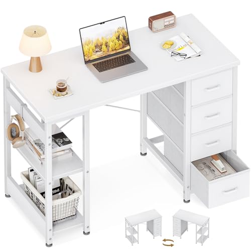 Coleshome Kleiner Schreibtisch mit 4 Schubladen, 100x40cm Schreibtisch mit Stauraum, Umkehrbarer Computertisch mit Regalen PC Tisch für Büro Arbeitszimmer Schlafzimmer, Weiß
