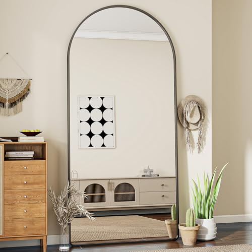 Koonmi Gewölbter Top Ganzkörperspiegel mit Runden Ecken, 76 x 171 cm Ganzkörperspiegel Groß Frei Stehend-Hängend-Lehnend, Boden Standspiegel als Ankleidespiegel für Wohnzimmer, Schwarz