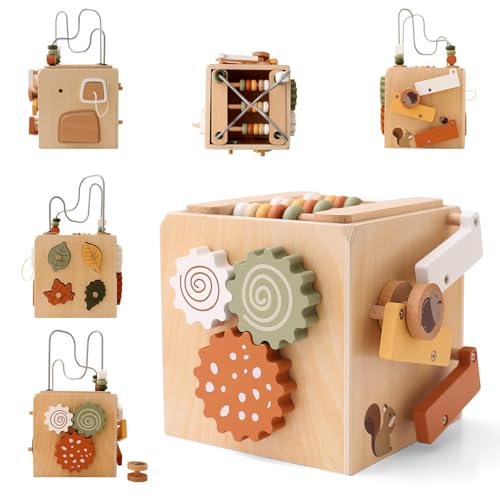 WOODEN TEETHER Montessori Motorikwürfel holzspielzeug Montessori Spielzeug ab 1 Jahr 6 in 1（Naturholzfarbe Aktivitätswürfel）