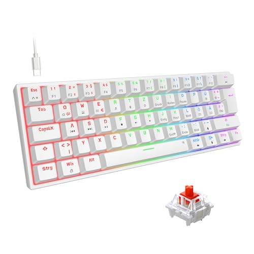 Snpurdiri 60% kabelgebundene mechanische Gaming-Tastatur, 62 Anti-Ghosting-Tasten, Blaue LED-Hintergrundbeleuchtung, ultrakompakte Zwei Stände (Rot Schalter/62 Weiß)