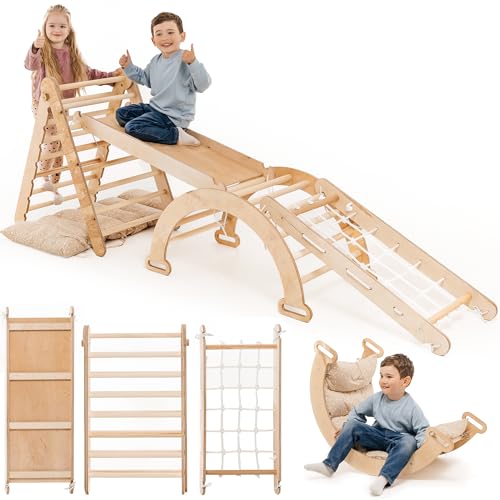 Goodevas 5-in-1 Indoor Klettergerüst für Kleinkinder - Dreiecksleiter, Kletterbogen & Kletterrampe & Netz, Kissen, Montessori Klettergerüst, Kinder Holzspielplatz, für Kinder von 1-5 Jahren