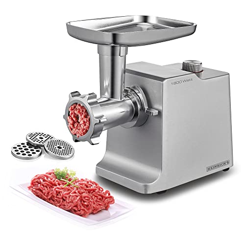 Heinrich´s Elektrischer Fleischwolf & Wurstmaschine inkl.3 verschiedene Hacksiebe+Kebbeaufsatz+ Wurstaufsatz+Stopfer, 1800W Motor, Profi Metallgetriebe, 2KG/pro min Fleischverarbeitung