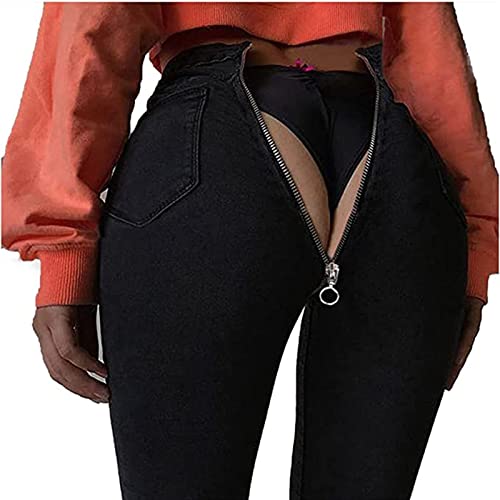 Yokbeer Sexy Damen-Jeans mit Reißverschluss Hinten, Jeans mit Hoher Taille und Reißverschluss Hinten, Dehnbare Legging-Hose aus Gewaschener, Dünne Hose (Color : Black, Size : M)