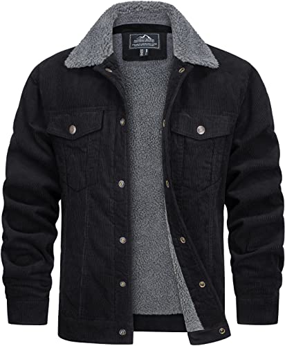 TACVASEN Herren Herbstjacke Cord Jacke Arbeitsjacke Teddyfutter Cargojacke Casual Jacket mit Fell, Schwarz, XXL