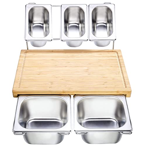 Sitaitong Schneidebrett mit auffangschale Bio-Bambus Holz, 43x28cm extra großes Schneidebrett, 5 behälter aus rostfreiem Stahl auffangwanne ohne Smartphone/Tablett Halterung