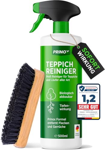 PRINOX® Profi Teppichreiniger 580ml - Teppichboden Reiniger inkl. Teppich Bürste, schäumend für alle Teppiche - Teppich Reinigungsmittel & Fleckenentferner aus Deutschland