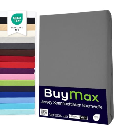 Buymax Topper Spannbettlaken 180x200 cm Spannbetttuch 100% Baumwolle Jersey für Matratzentopper bis 9 cm Matratzenhöhe Bettlaken für Boxspringbett Topper, Anthrazit-Grau