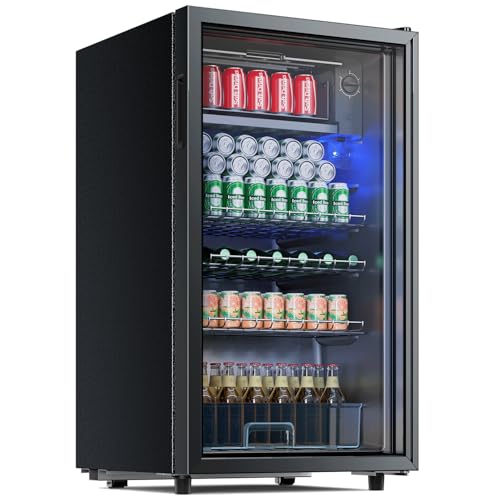 TRIUMPHKEY Getränkekühlschrank, 85L Kühlschrank klein mit blaue LED Beleuchtung, Bierkühlschrank mit Vollglas-Designtür, mit 4 Ablagen & Flaschenhalterung für Soda/Bier/Wine [Energieklasse E]