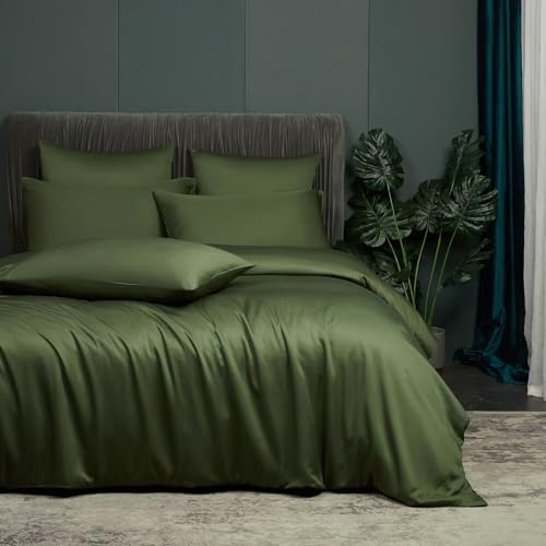 Luowei Kühlend Bambus Bettwäsche 135x200 cm Sommer Grün Armeegrün Bettwäsche Set aus 100% Bambus Lyocell Luxus Glatt Weicher Bamboo Bettbezug mit Reißverschluss und 2 Kissenbezug 80x80