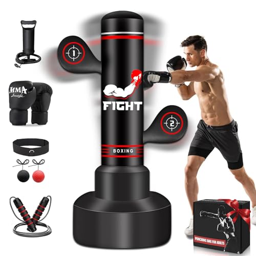NZQXJXZ Verbesserter Boxsack Stehend für Erwachsene, 180cm Schwerer Boxsack mit Boxhandschuhen, Pumpe, Springseil und Reflexball, aufblasbarer Standboxsack für Männer zum Training von MMA, Fitness