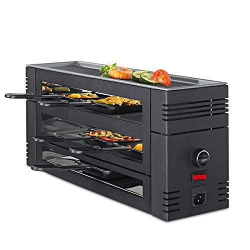 Spring PIZZA RACLETTE 6 Personen, schwarz, Raclette mit Pizzafunktion, 6 Raclette Pfännchen & Raclette Schaber, Abstellebene, Tischgrill elektrisch, 46 × 16 × 21,5 cm, 1100W, Raclette Grill