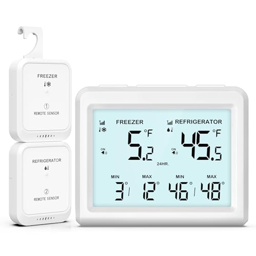 LOFICOPER Kühlschrank-Thermometer, Gefrierschrankthermometer, kabellos, mit 2 Sensoren, akustischer Alarm, Min/Max Aufnahme